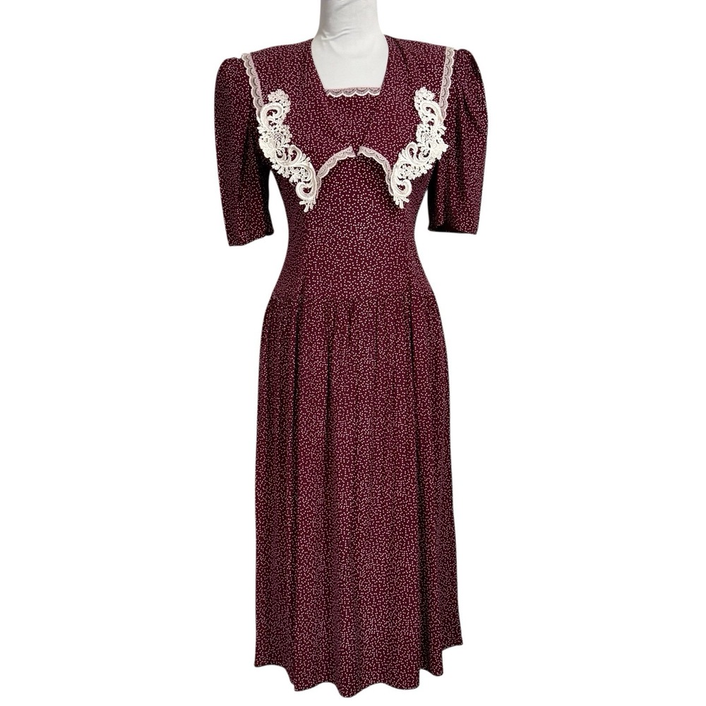Vintage Gunne Sax Lace Trim Prairie Midi Dress 7/8 Size‎ 4 Cottagecore Milkmaid
